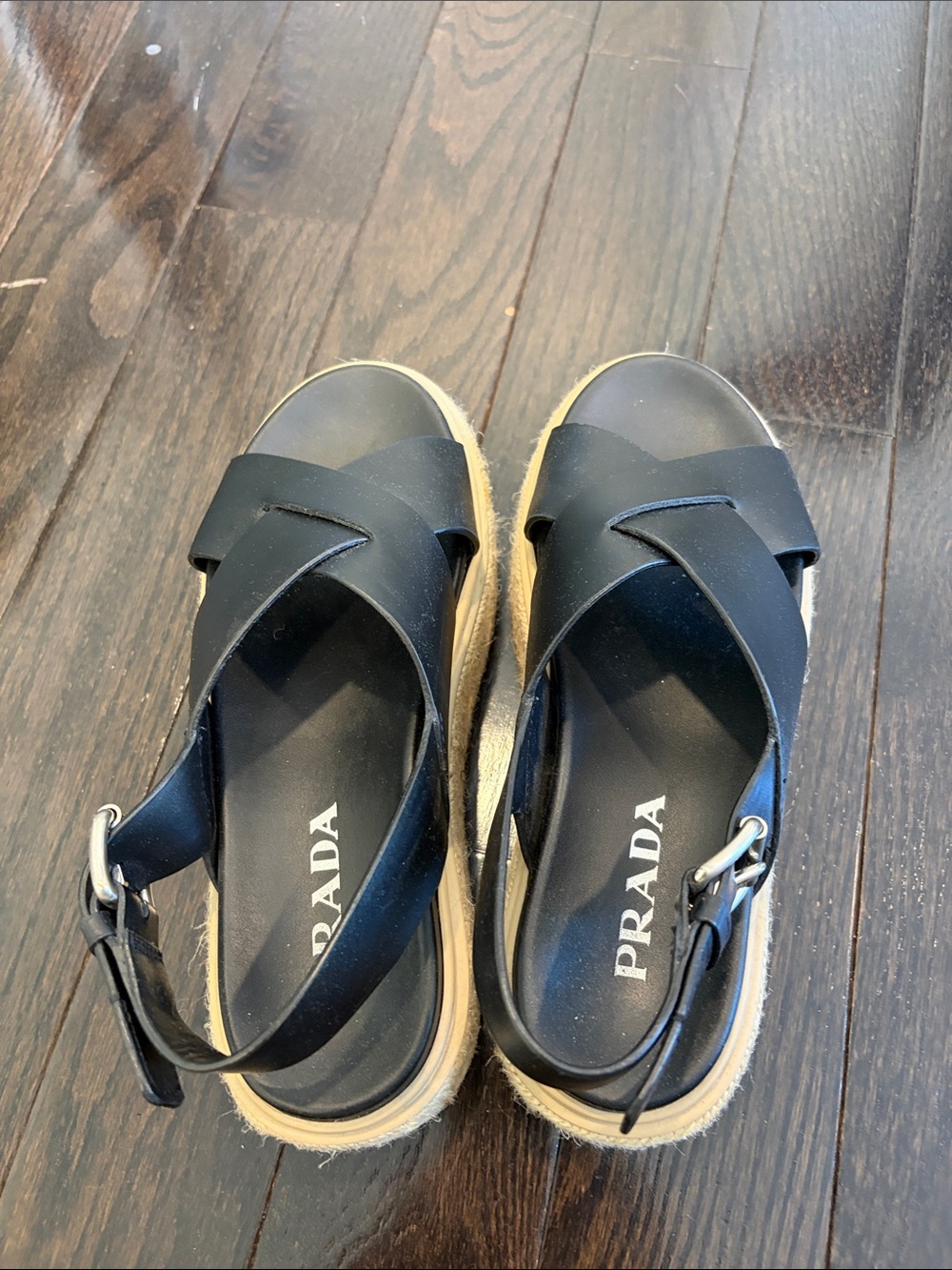 Prada Black Leather Crisscross Espadrille Platform Sandals